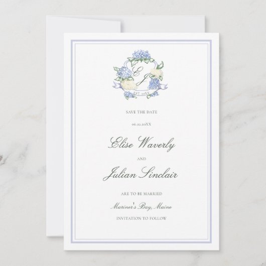 Hydrangea Crest Formal Blue Coastal Photo Wedding Save The Date (Vorderseite)