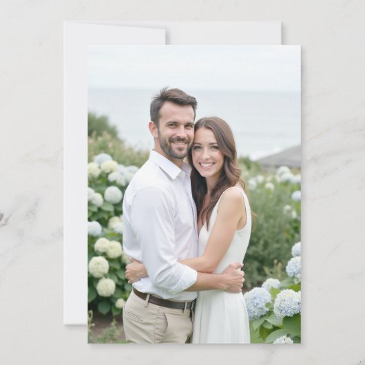 Hydrangea Crest Formal Blue Coastal Photo Wedding Save The Date (Rückseite)