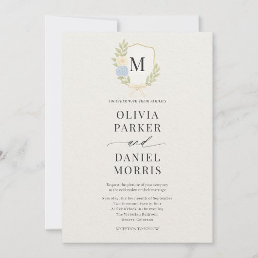 Hydrangea Crest Monogram Photo QR Code Wedding Einladung (Vorderseite)