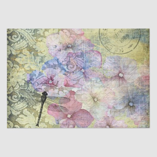 Hydrangea Dragonfly Postmark Ephemera Decoupage Seidenpapier (Vorderseite)