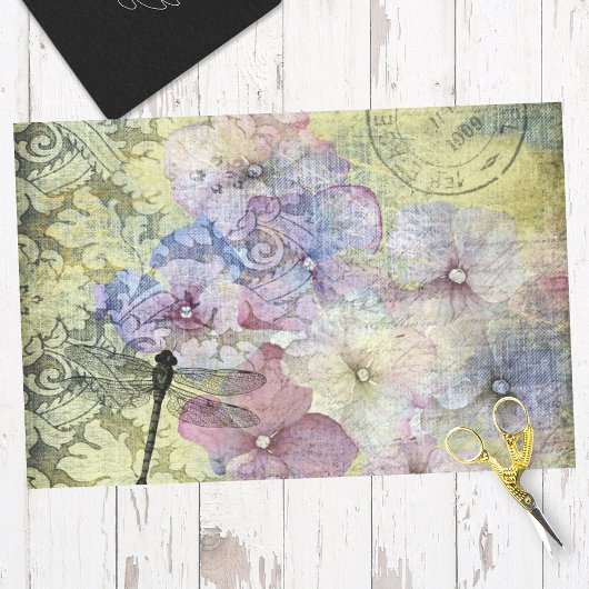 Hydrangea Dragonfly Postmark Ephemera Decoupage Seidenpapier