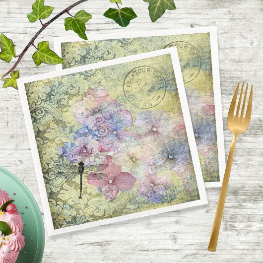 Hydrangea Dragonfly Postmark Ephemera Decoupage Serviette