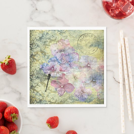 Hydrangea Dragonfly Postmark Ephemera Decoupage Serviette (Beispiel)