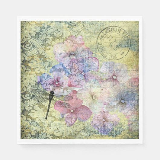 Hydrangea Dragonfly Postmark Ephemera Decoupage Serviette (Vorderseite)