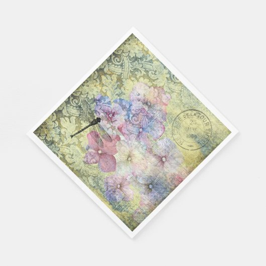 Hydrangea Dragonfly Postmark Ephemera Decoupage Serviette (Ecke)