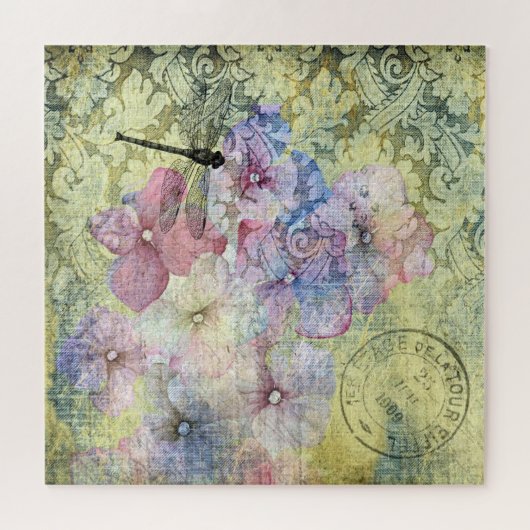 Hydrangea Dragonfly Postmark Ephemera Puzzle (Horizontal)