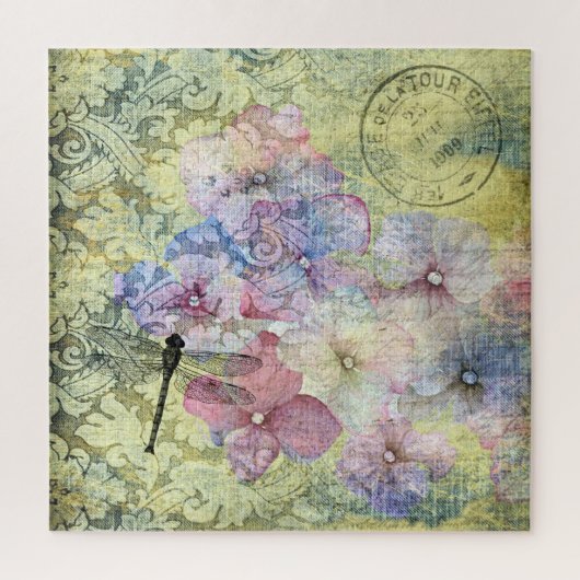Hydrangea Dragonfly Postmark Ephemera Puzzle (Vertikal)