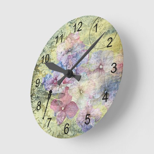 Hydrangea Dragonfly Postmark Ephemera Runde Wanduhr (Winkel)