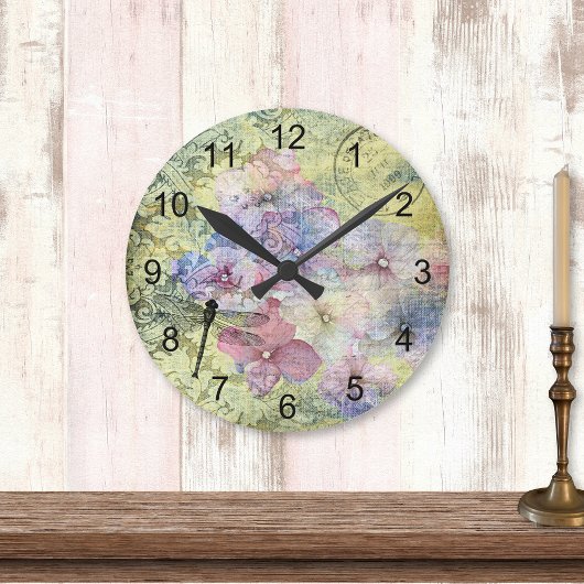 Hydrangea Dragonfly Postmark Ephemera Runde Wanduhr