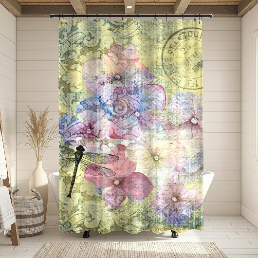 Hydrangea Dragonfly Postmark Ephemeral Duschvorhang