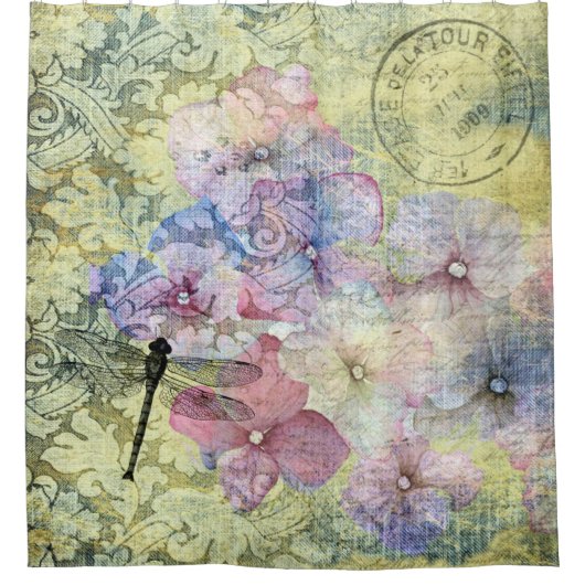 Hydrangea Dragonfly Postmark Ephemeral Duschvorhang (Vorderseite)
