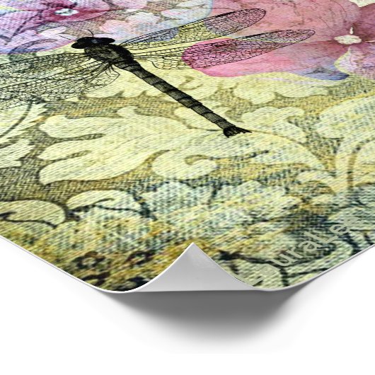 Hydrangea Dragonfly Postmark Grunge Poster (Ecke)