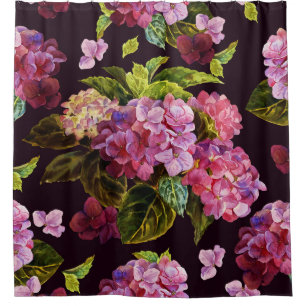 Hydrangea, dunkle, nahtlose Blumenmuster. Duschvorhang