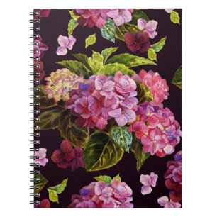 Hydrangea, dunkle, nahtlose Blumenmuster. Notizblock