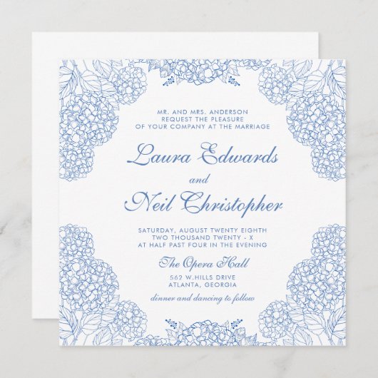 Hydrangea Dusty Blue Floral Moderne Hochzeit Einladung (Vorne/Hinten)