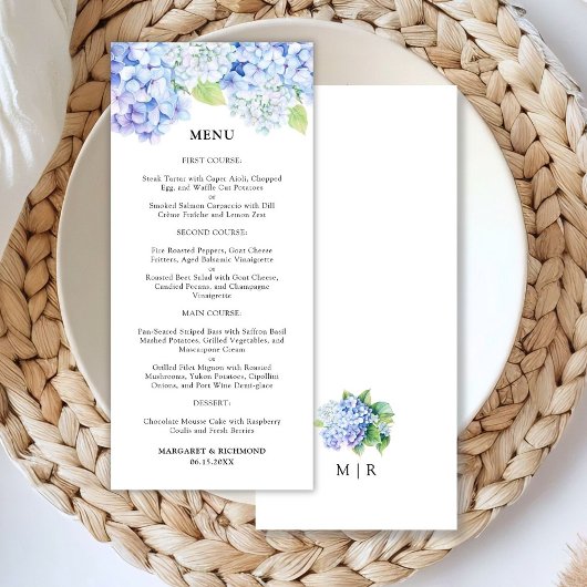 Hydrangea Dusty Blue Floral Wedding Menu Menükarte