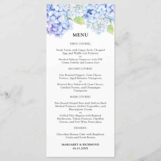 Hydrangea Dusty Blue Floral Wedding Menu Menükarte (Vorderseite)