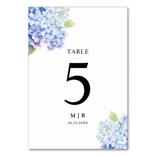 Hydrangea Dusty Blue Floral Wedding Table Tischnummer (Rückseite)