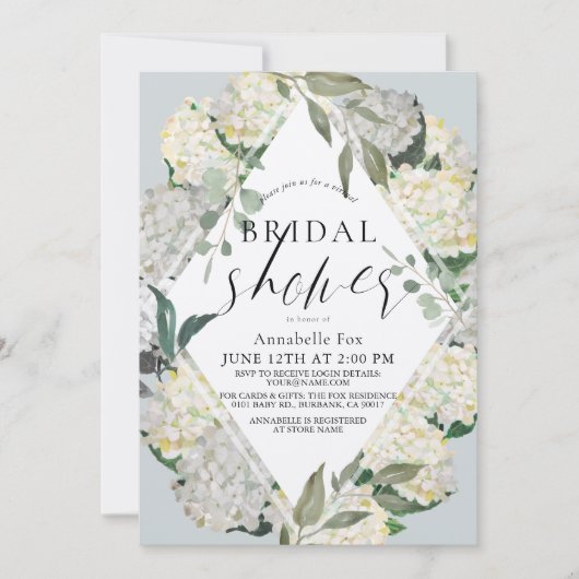 Hydrangea Dusty Blue Rhonbus Virtual Brautparty Einladung (Vorderseite)