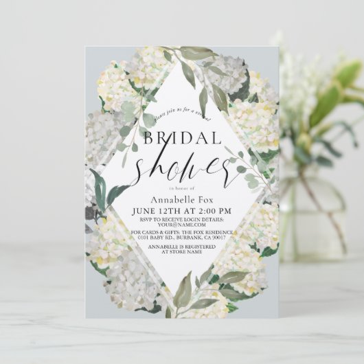 Hydrangea Dusty Blue Rhonbus Virtual Brautparty Einladung (Stehend Vorderseite)