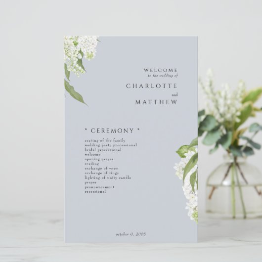 Hydrangea Dusty Blue Wedding Program (Stehend Vorderseite)