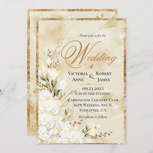 Hydrangea Elegante White Gold Floral Wedding Einladung (Vorne/Hinten)