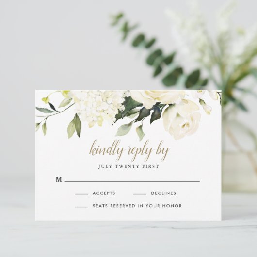 Hydrangea Elegante White Gold Rose Blumenhochzeit RSVP Karte (Stehend Vorderseite)