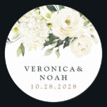 Hydrangea Elegante White Gold Rose Blumenhochzeit Runder Aufkleber<br><div class="desc">Das Design zeichnet sich durch elegante Hydrangea- und Rose-Aquarellelemente in Weiß-,  Gold-,  Elfenbein-,  Champagner- und anderen neutralen Farbtönen aus.</div>