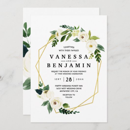 Hydrangea Elegante White Gold Rose Floral Wedding Einladung (Vorne/Hinten)