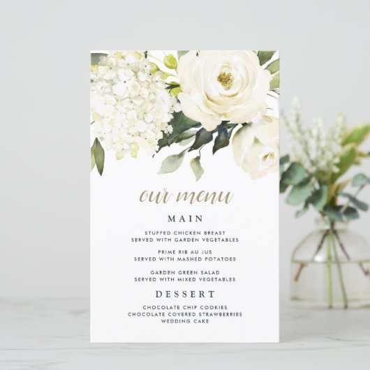 Hydrangea Elegante White Gold Wedding Menu Cards (Stehend Vorderseite)