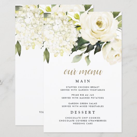 Hydrangea Elegante White Gold Wedding Menu Cards (Vorne/Hinten)