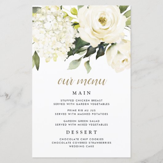 Hydrangea Elegante White Gold Wedding Menu Cards (Vorderseite)