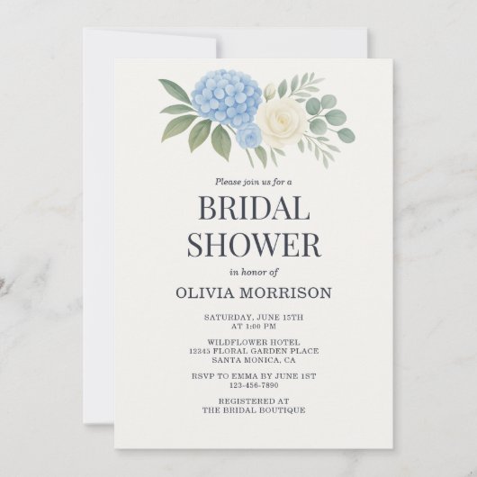 Hydrangea Eucalyptus QR Code Bridal Shower Einladung (Vorderseite)