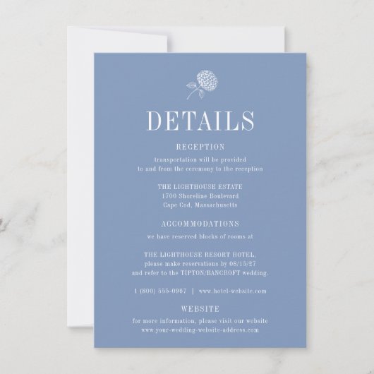 HYDRANGEA Floral Blue Wedding Details Card Einladung (Vorderseite)