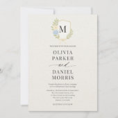 Hydrangea Floral Crest Monogram Wedding Einladung (Vorderseite)