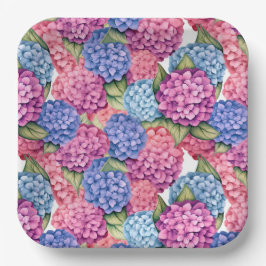 Hydrangea Floral Watercolor Blau Pink Pappteller