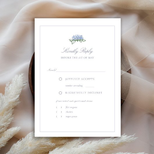 Hydrangea Formal Blue Frame Coastal Wedding Meal RSVP Karte
