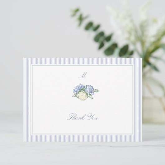 Hydrangea Formal Stripes Coastal Classic Wedding Dankeskarte (Stehend Vorderseite)