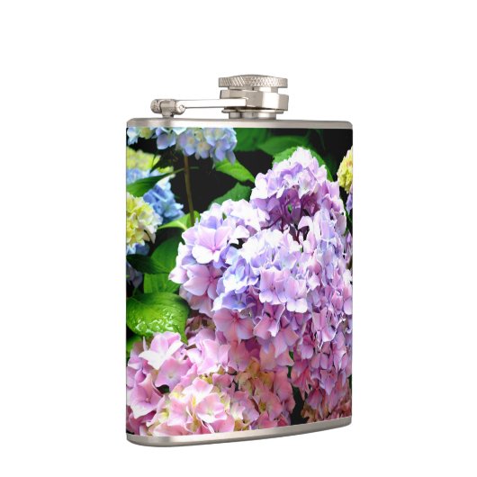 Hydrangea-Garten, rosa, blau, lila Blumen Flachmann (Rechts)