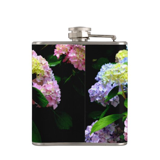 Hydrangea-Garten, rosa, blau, lila Blumen Flachmann (Rückseite)