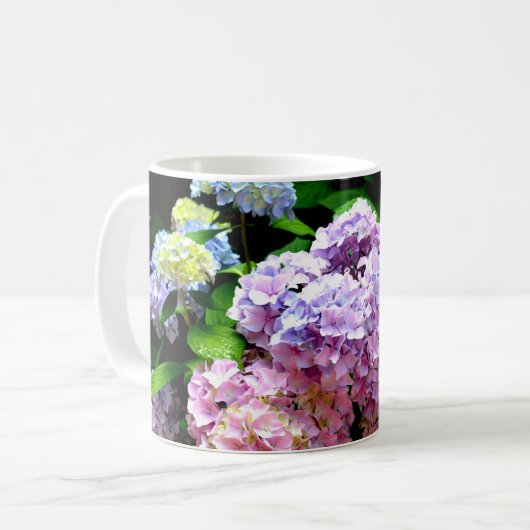 Hydrangea-Garten, rosa, blau, lila Blumen Kaffeetasse (Vorderseite Links)