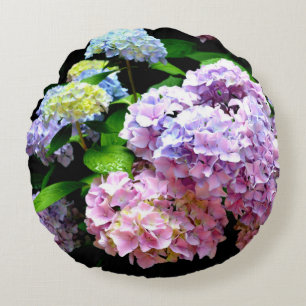 Hydrangea-Garten, rosa, blau, lila Blumen Rundes Kissen