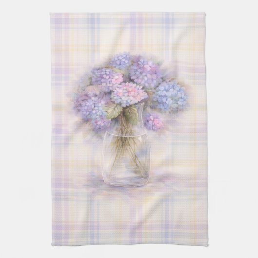Hydrangea Geschirrtuch | Pastell-Karo Küchendekor (Vertikal)