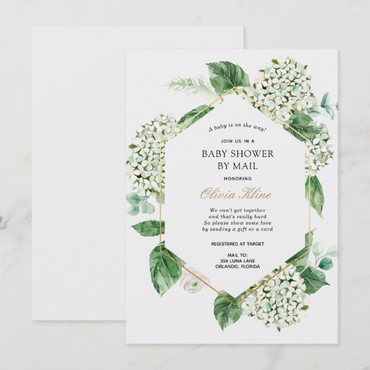 Hydrangea Gold Frame Baby Dusche per Mail Einladung (Vorne/Hinten)