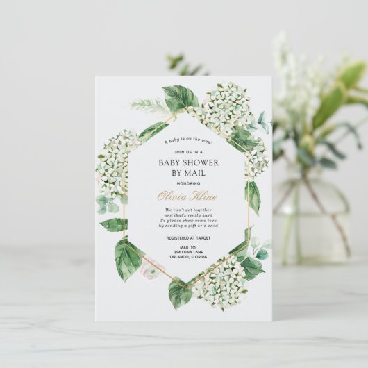 Hydrangea Gold Frame Baby Dusche per Mail Einladung (Stehend Vorderseite)