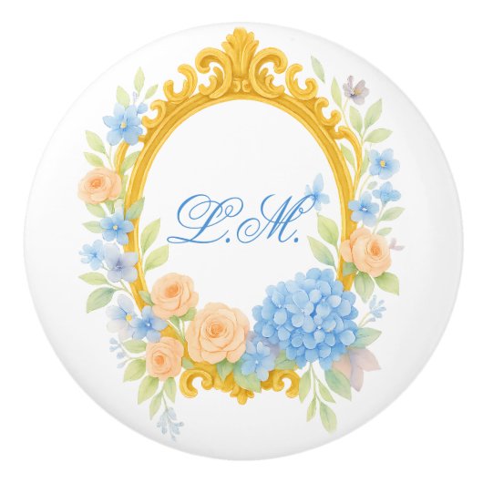 Hydrangea Gold Frame Floral Monogram Keramikknauf (Vorderseite)