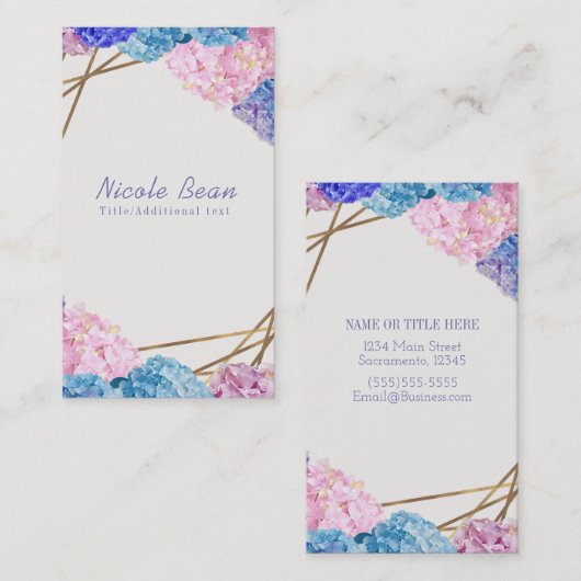 Hydrangea & Gold Linien Elegante Frühlingsflorale Visitenkarte (Vorne/Hinten)