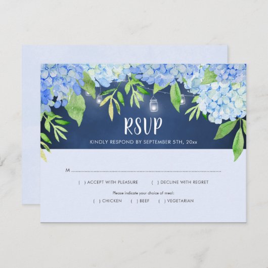 Hydrangea Greenera Navy Mason Jar Lights UAWG RSVP Karte (Vorne/Hinten)