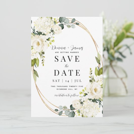 Hydrangea & Greenerity Wedding Save The Date (Stehend Vorderseite)