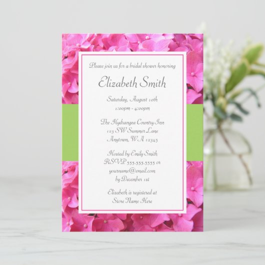 Hydrangea Grenz Rosa grünes Brautparty Einladung (Stehend Vorderseite)